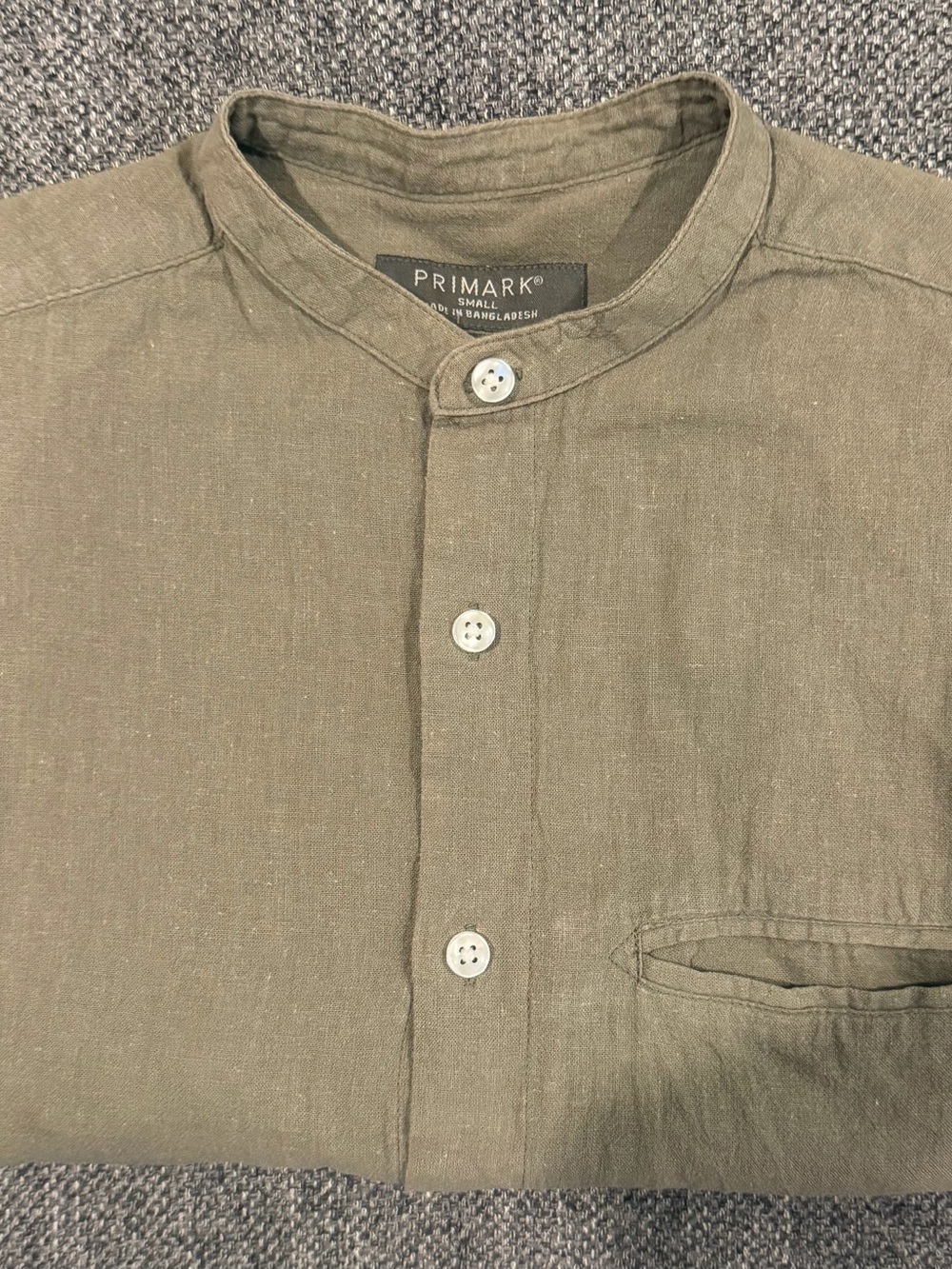 Primark Men's Olive Green Band Collar Linen Button-Down Shirt